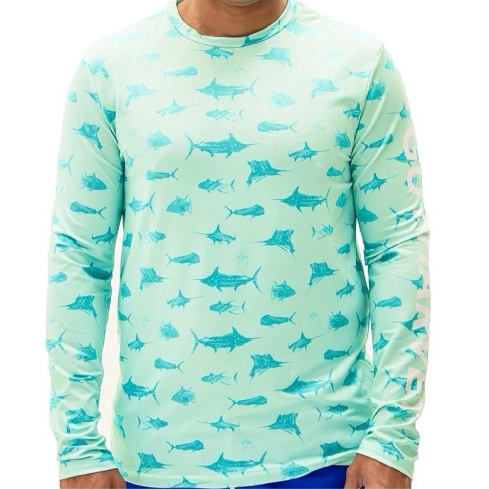 Men's Aqua Fish Print Long-Sleeve Swim Shirt